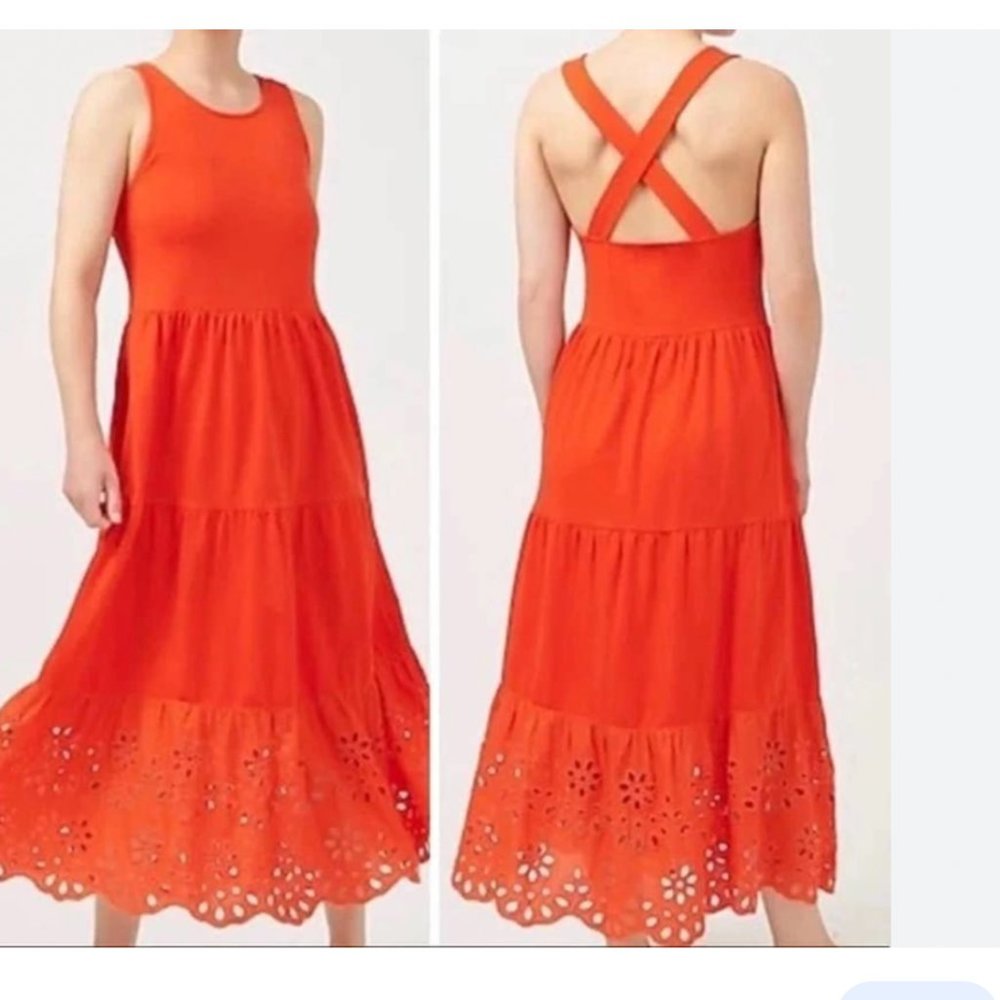 J Crew Tiered Eyelet Cross Back Straps Maxi Dress